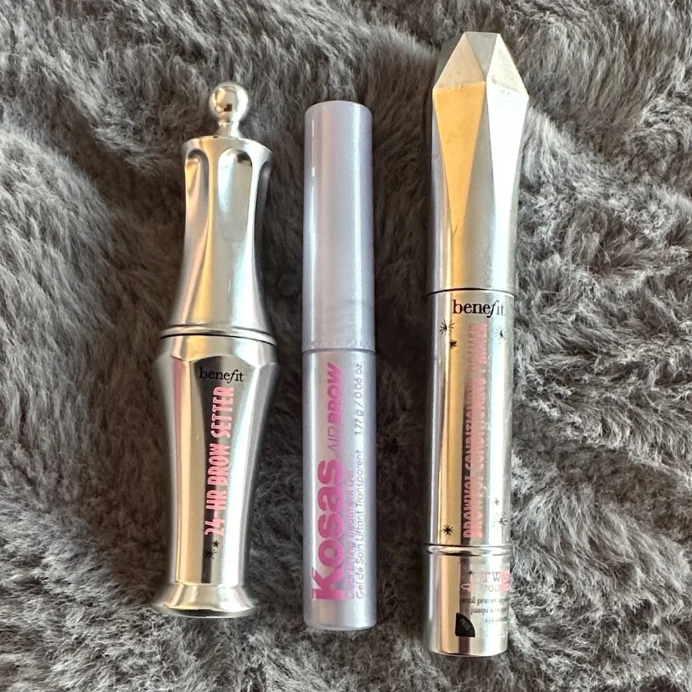 Benefit & Kosas 3pc Eyebrow Bundle + Silver Makeup Bag NWT Clear Gel NEW - Picture 2 of 8